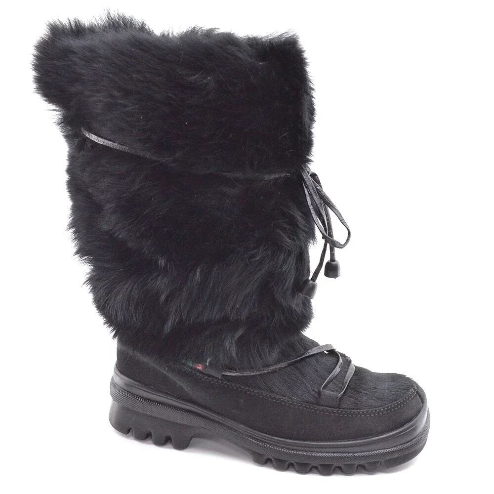 Pajar Winter Fur Boots  size 36.5 / 6.5 Black Suede Laced Pull Shoes Italy